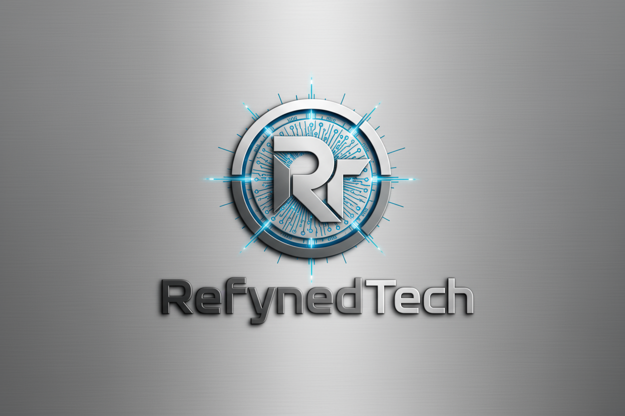 Create a sleek, modern logo for a tech business called RefynedTech. The design should look professional and futuristic, with a minimalist style. Incorporate elements that suggest technology, innovation, and repair, such as a subtle circuit pattern, gear, or glowing line. The color scheme should use cool tones like silver, dark gray, and electric blue for a polished, trustworthy look. Include the business name RefynedTech in a bold, modern sans-serif font, with a clean and balanced layout suitable for both l