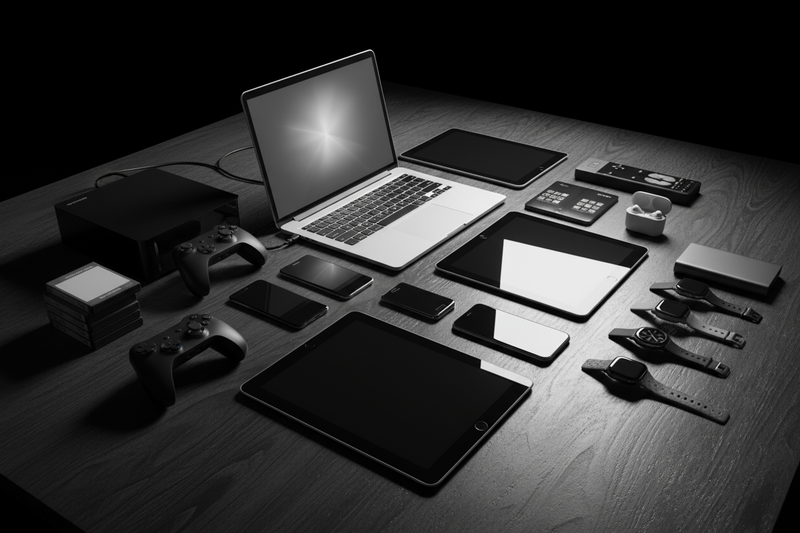 Image of differnt tech on a atable in black in white laptops phones consoles etc